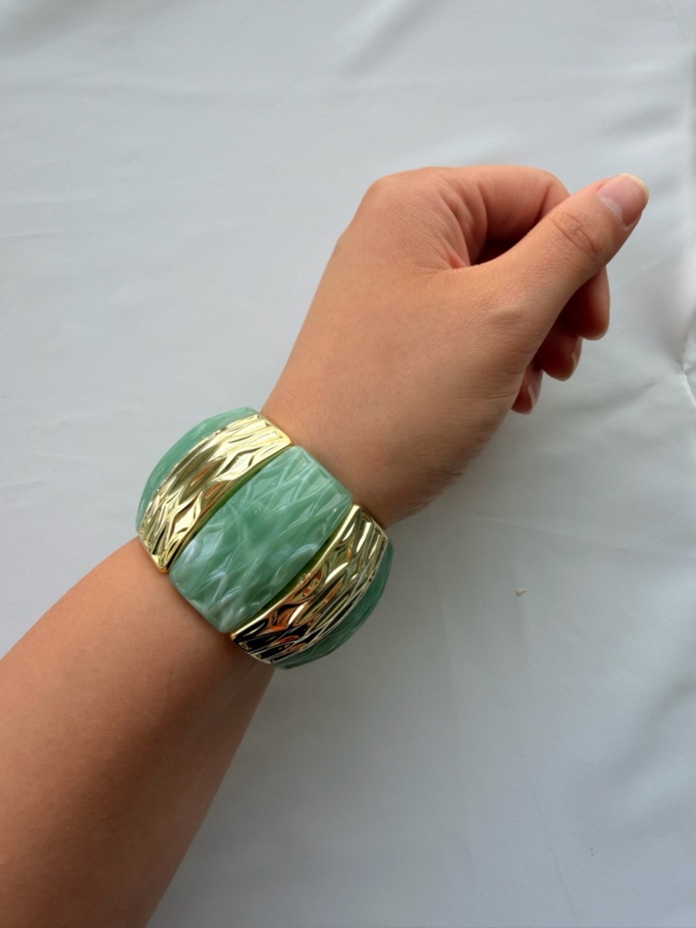 Gold and Sage Green Chunky Stretch Bracelet - Picture 5 of 6